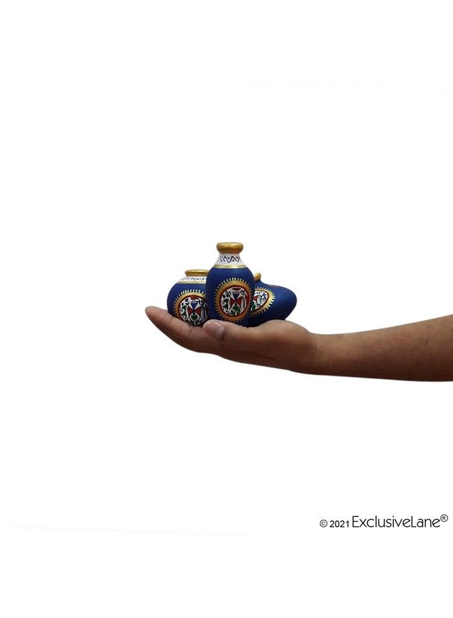 Warli Hand Painted Terracotta Pots Vases For Living Room & Home Decorative Miniature Showpiece Artifact Set (7.6 Cm X 7.6 Cm X 9.1 Cm Blue Set Of 3 Mini Pots)