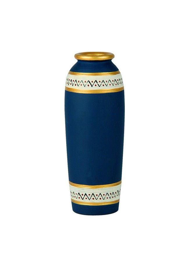 Earthenware Handpainted Terracotta Vase Flower Vase For Living Room (7.87 Cm X 7.87 Cm X 15.24 Cm Blue)