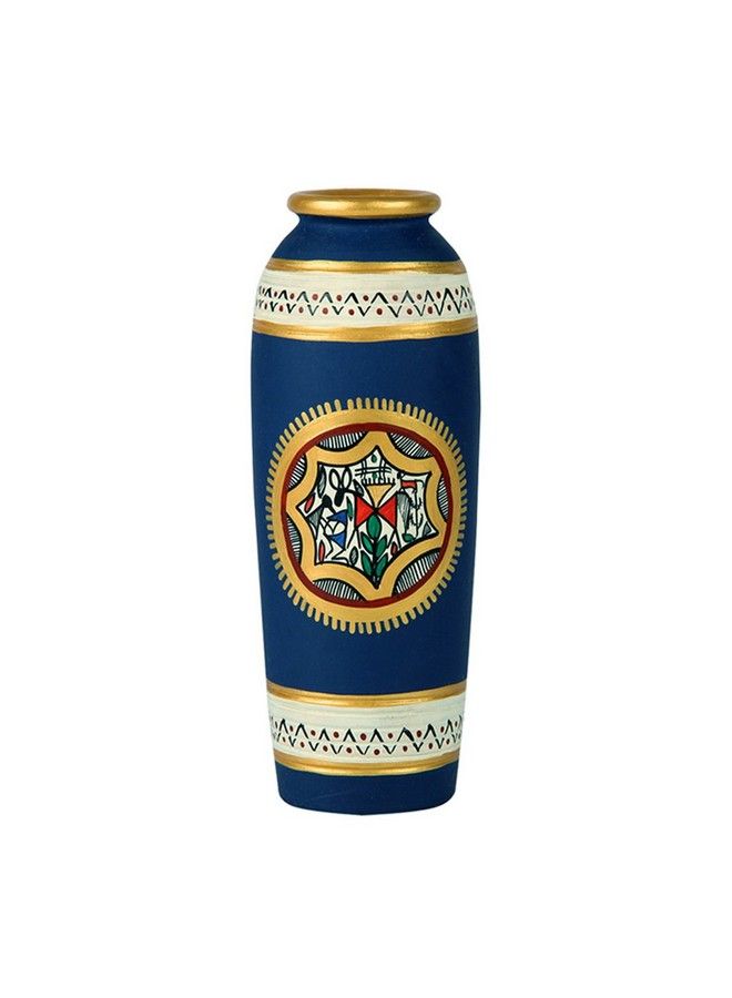 Earthenware Handpainted Terracotta Vase Flower Vase For Living Room (7.87 Cm X 7.87 Cm X 15.24 Cm Blue)