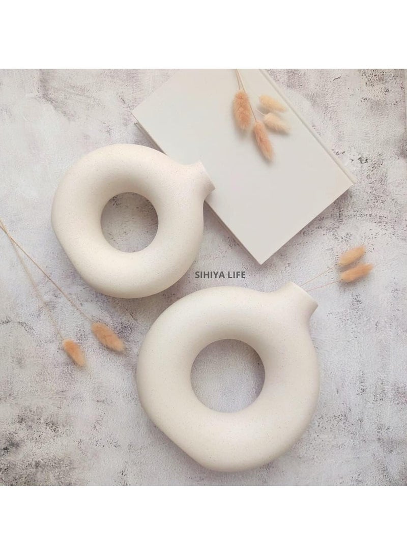 Set of 2 Off White Round Ceramic Vases, Modern Pampas Flower Vase, Minimalist Nordic Boho Ins Style Vase for Home Decor, Wedding, Dinners, Table, Events, Office & Gifting