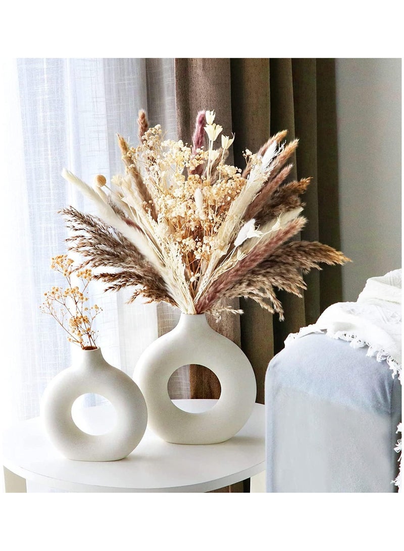 Set of 2 Off White Round Ceramic Vases, Modern Pampas Flower Vase, Minimalist Nordic Boho Ins Style Vase for Home Decor, Wedding, Dinners, Table, Events, Office & Gifting