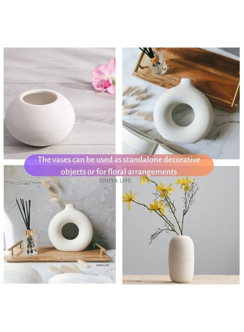 Set of 1 Q & 2 Embossed Ceramic Small Vases, Modern Pampas Flower Vase, Minimalist Boho Ins Style Vase for Home Decor, Wedding, Dinners, Events, Office & Gifting(Off White & Warm White)