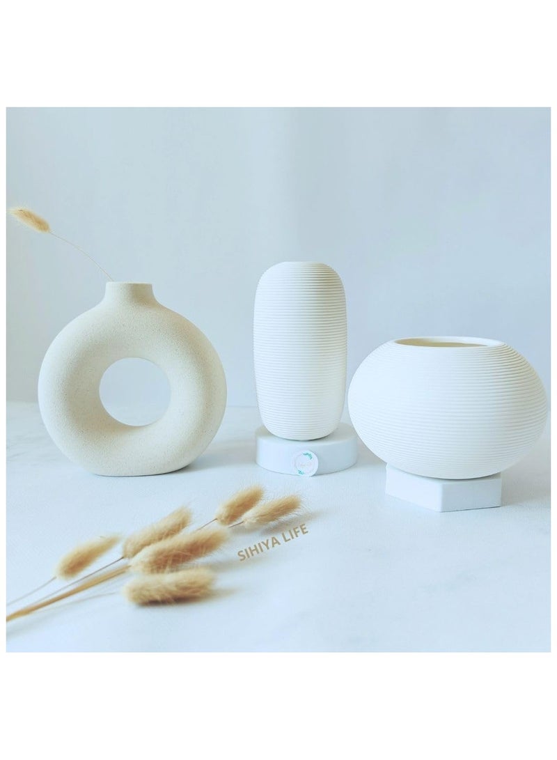 Set of 1 Q & 2 Embossed Ceramic Small Vases, Modern Pampas Flower Vase, Minimalist Boho Ins Style Vase for Home Decor, Wedding, Dinners, Events, Office & Gifting(Off White & Warm White)
