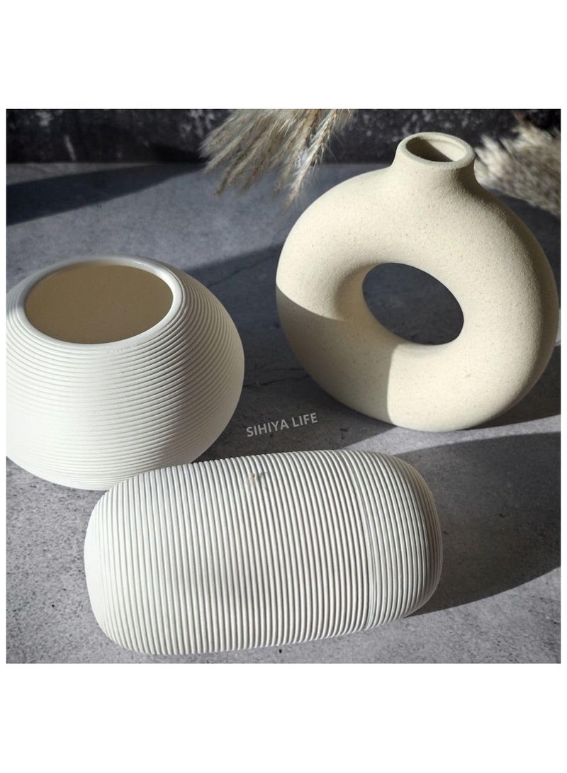 Set of 1 Q & 2 Embossed Ceramic Small Vases, Modern Pampas Flower Vase, Minimalist Boho Ins Style Vase for Home Decor, Wedding, Dinners, Events, Office & Gifting(Off White & Warm White)