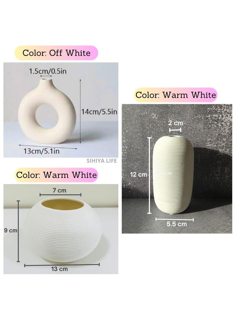 Set of 1 Q & 2 Embossed Ceramic Small Vases, Modern Pampas Flower Vase, Minimalist Boho Ins Style Vase for Home Decor, Wedding, Dinners, Events, Office & Gifting(Off White & Warm White)