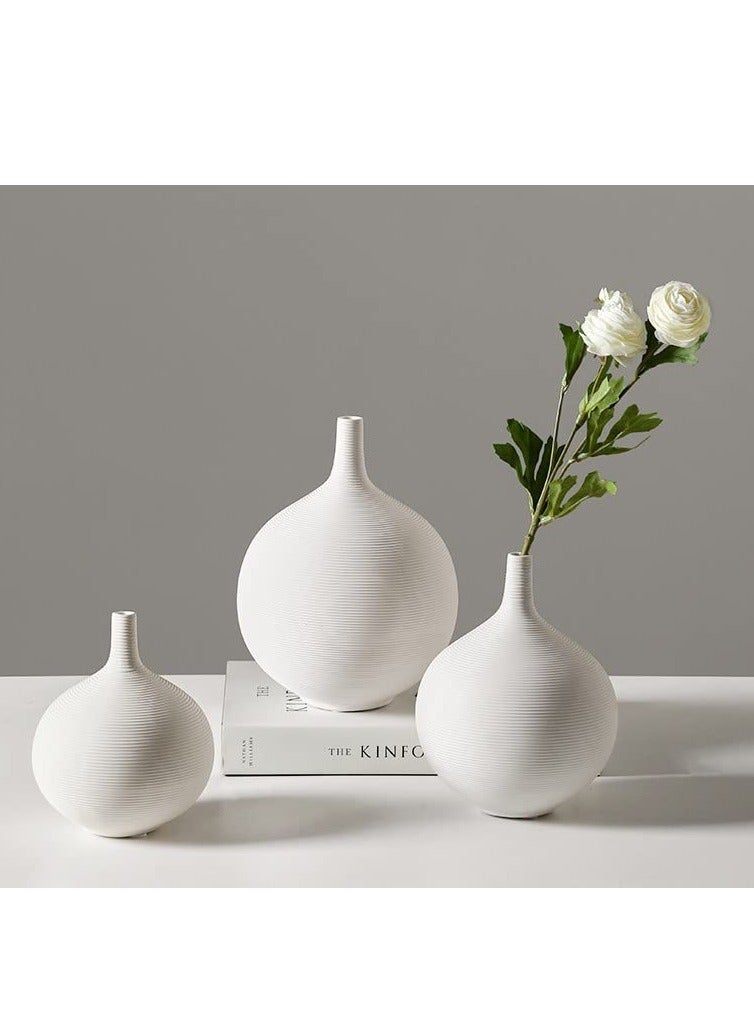 White Medium Spherical Ceramic Embossed Line Vase | Modern Minimalist Flower Vase for Elegant Home Décor | Living Room Centerpiece, for Flower Arrangements |Gifting