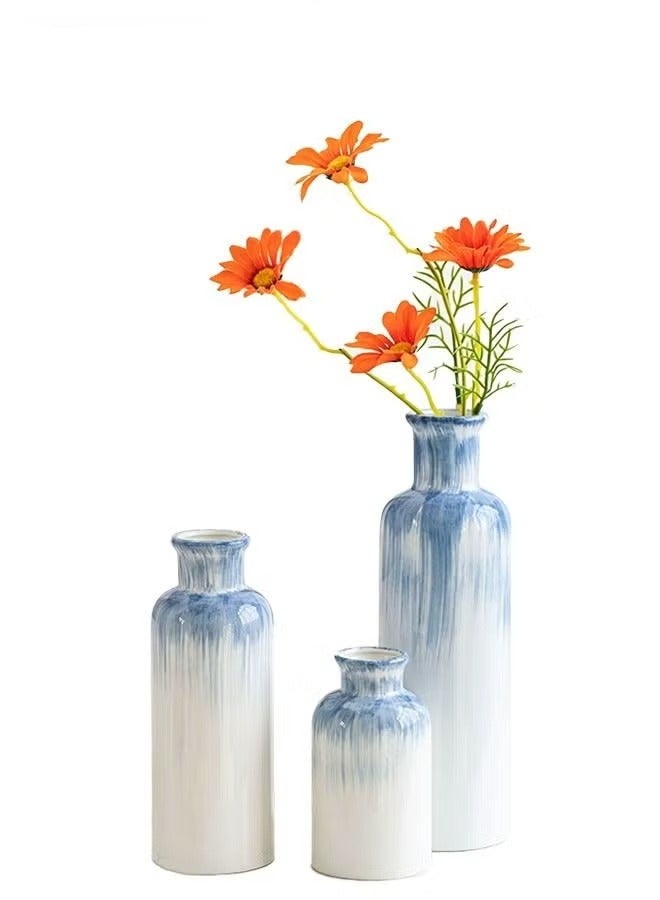 3PCS Blue Ceramic Vases Waterproof Blue Small Vase Farmhouse Country Blue Vases Home Decor, Living Room Decoration Table Decoration Fireplace Decor and Entrance Decoration Centerpieces