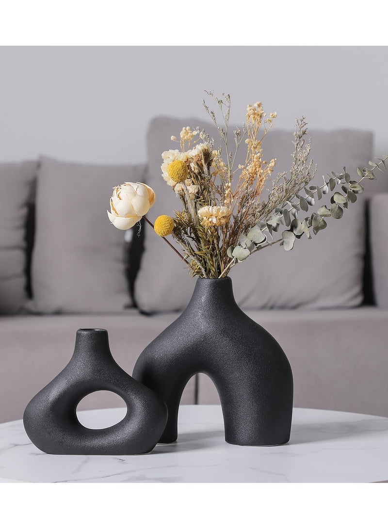 Set of 2 Mix Shape Ceramic Vases - Black | Decorative Pieces for Home Decor,Office,Garden,Patio, Living Room Centerpiece Vases for Flower Arrangements, Gifting