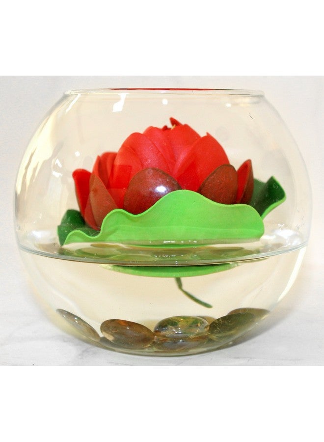 Decorative Round Glass Vase With Artificial Lotus Flower And Natural Stones For Home Decor Living Room Bedroom Office Hall Pooja Room Gift Item