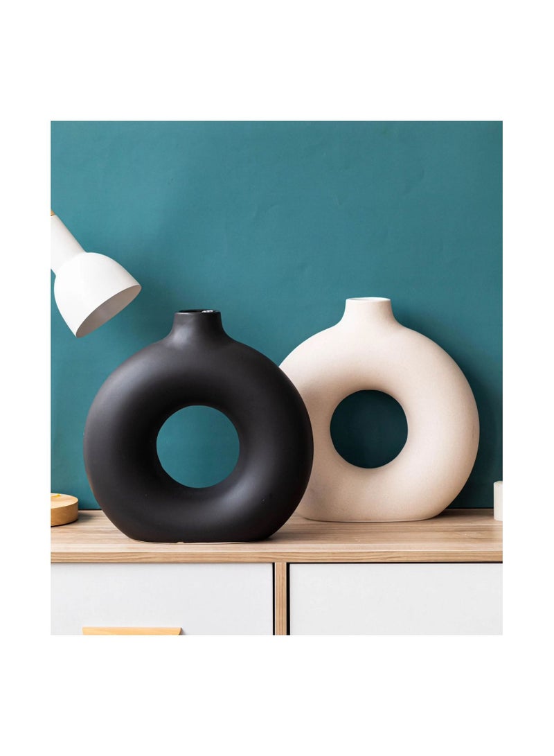 Home Decor Vase Set Farmhouse Circular Hollow Modern Ceramic Decoration Vase Donut Flower Vase set of 3.