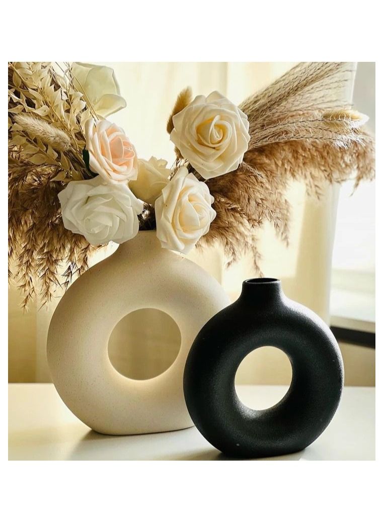 Home Decor Vase Set Farmhouse Circular Hollow Modern Ceramic Decoration Vase Donut Flower Vase set of 3.