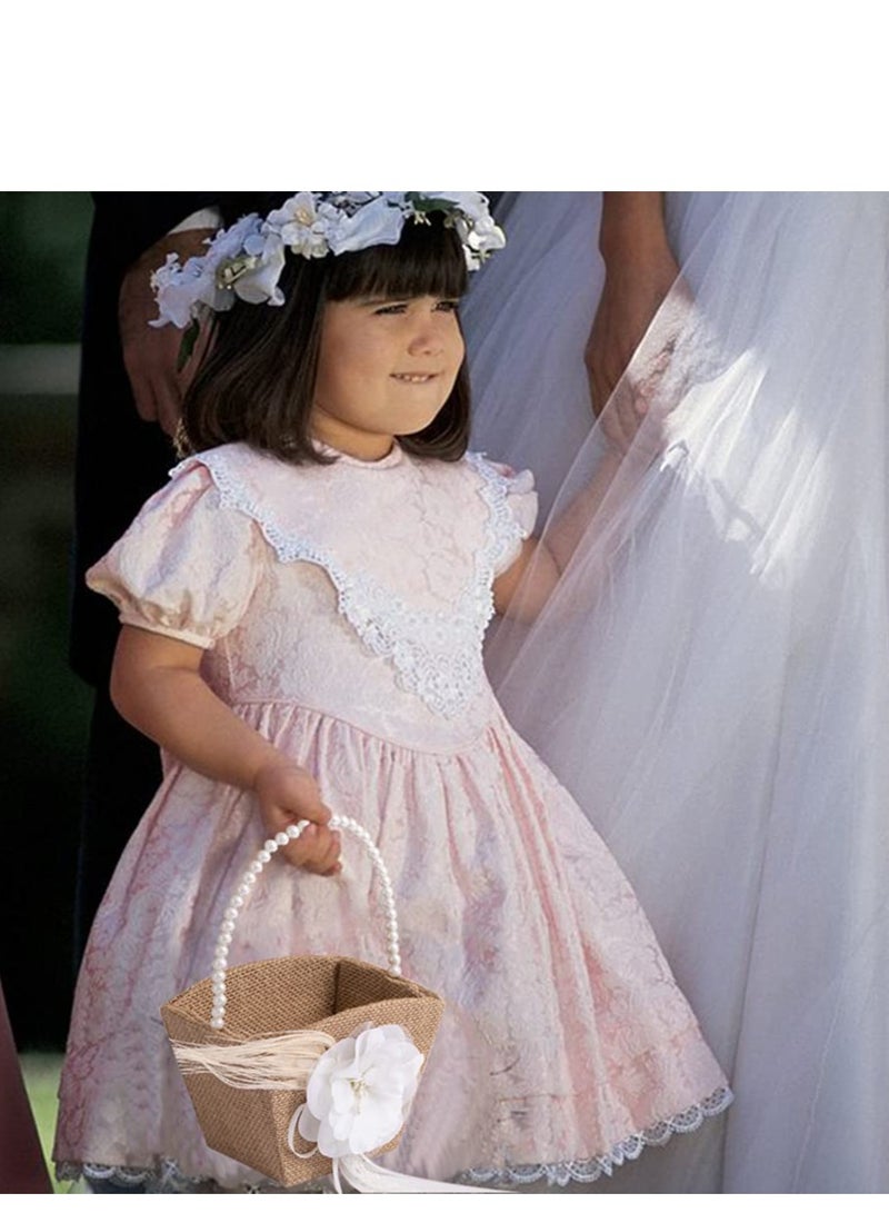 Flower Girl Basket, Rustic Basket Burlap Jute with Pearl Handle For Vintage Wedding Ceremony