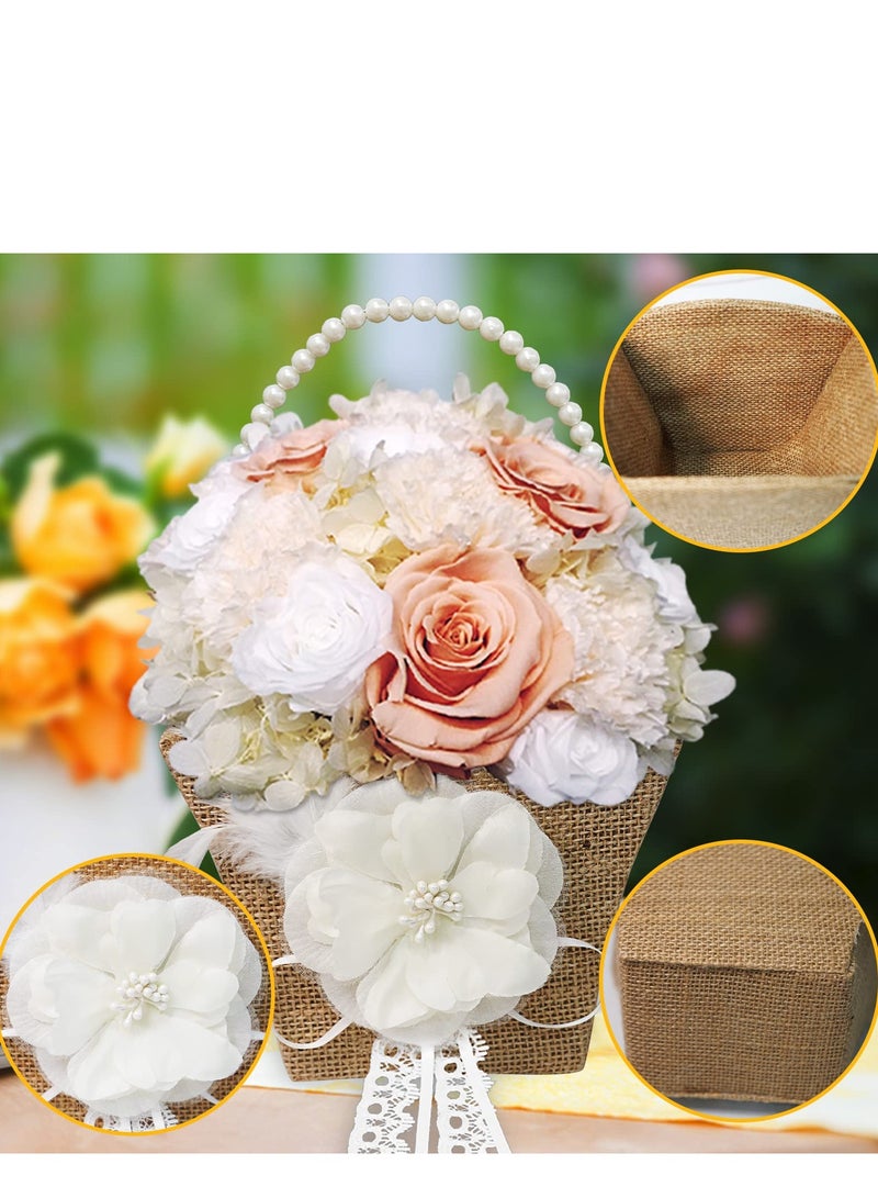 Flower Girl Basket, Rustic Basket Burlap Jute with Pearl Handle For Vintage Wedding Ceremony