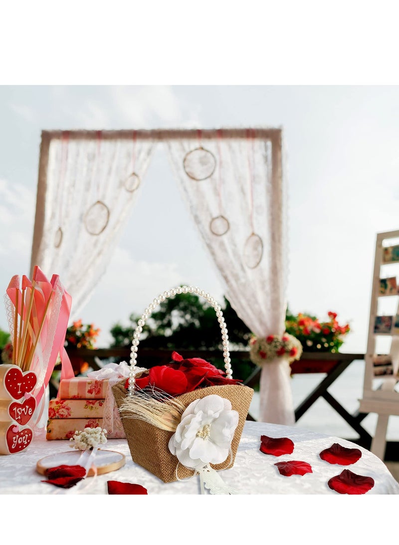 Flower Girl Basket, Rustic Basket Burlap Jute with Pearl Handle For Vintage Wedding Ceremony