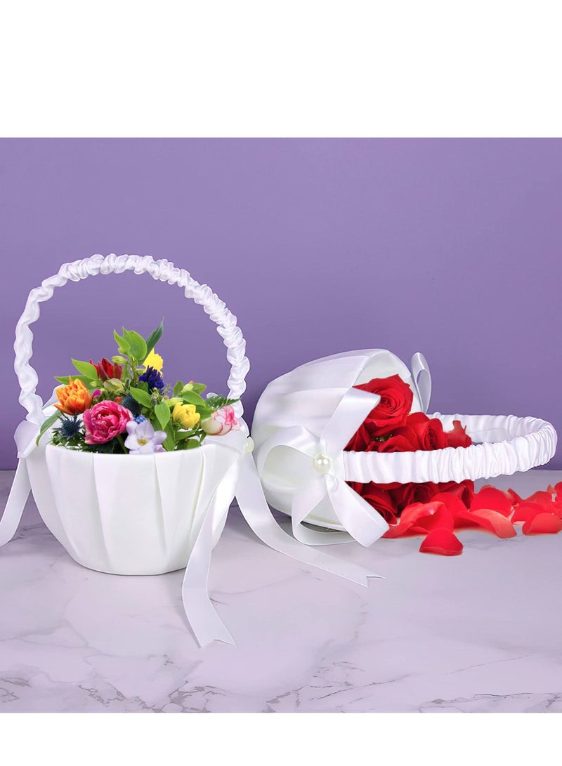 White Flower Girl Baskets for Weddings, Ivory Basket, Wedding Banquet Party Supplies, 4 Pack