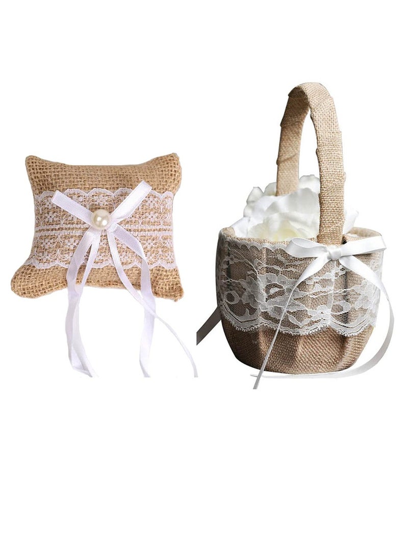 Romantic Lace Wedding Ring Pillow and Flower Basket Set Flower Girl Baskets Witness Love with Soft Jute Material Ring Cushion for Engagement Ceremony Wedding Supply Decoration