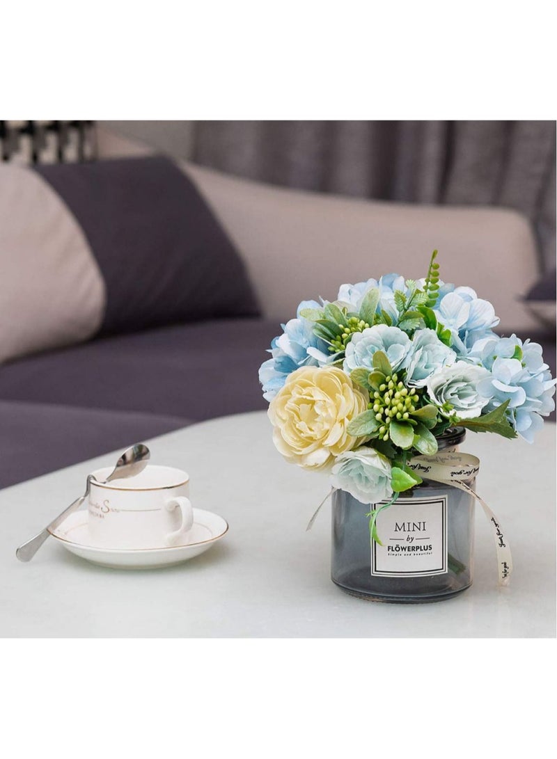 Artificial Flowers With Vases, Fake Flowers Rose Bouquet Table Decoration, Hydrangea Artificial Flower Table Wedding Party Family Bedroom Living Room Table Decoration