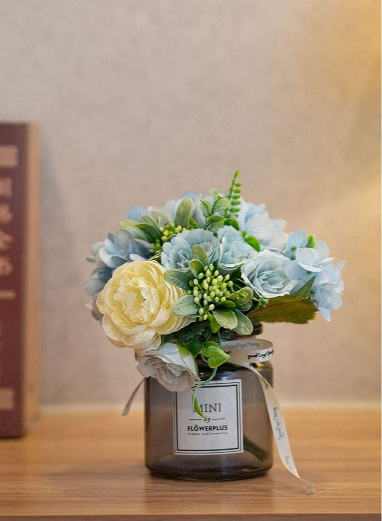 Artificial Flowers With Vases, Fake Flowers Rose Bouquet Table Decoration, Hydrangea Artificial Flower Table Wedding Party Family Bedroom Living Room Table Decoration