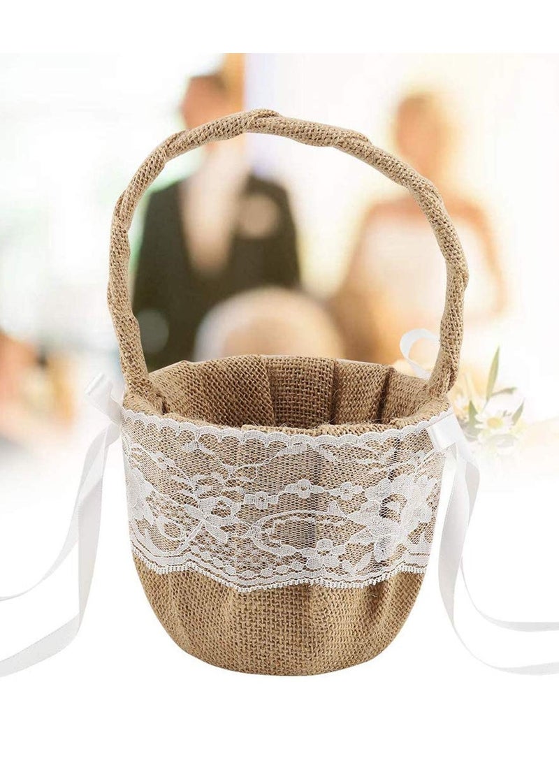 Romantic Lace Wedding Ring Pillow and Flower Basket Set Flower Girl Baskets Witness Love with Soft Jute Material Ring Cushion for Engagement Ceremony Wedding Supply Decoration