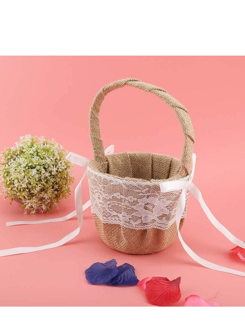 Romantic Lace Wedding Ring Pillow and Flower Basket Set Flower Girl Baskets Witness Love with Soft Jute Material Ring Cushion for Engagement Ceremony Wedding Supply Decoration