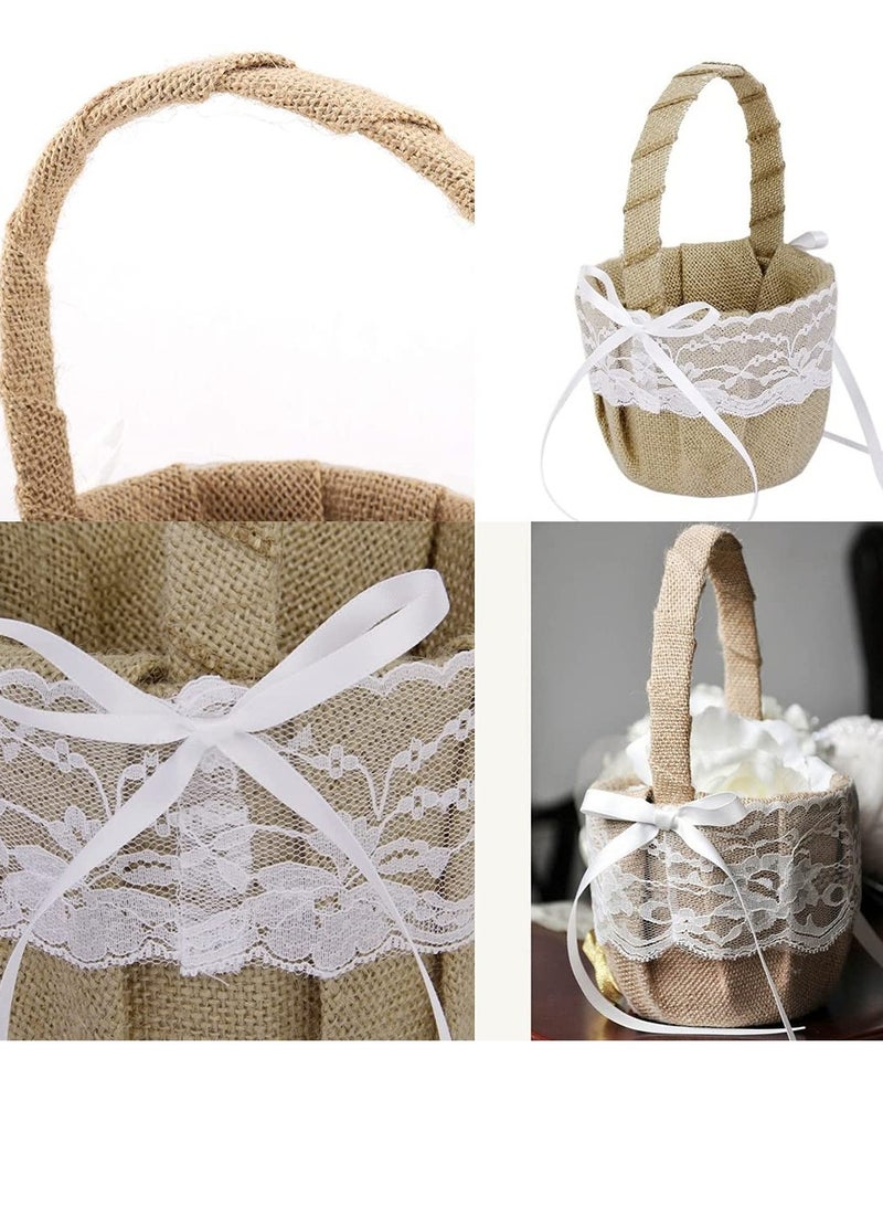 Romantic Lace Wedding Ring Pillow and Flower Basket Set Flower Girl Baskets Witness Love with Soft Jute Material Ring Cushion for Engagement Ceremony Wedding Supply Decoration