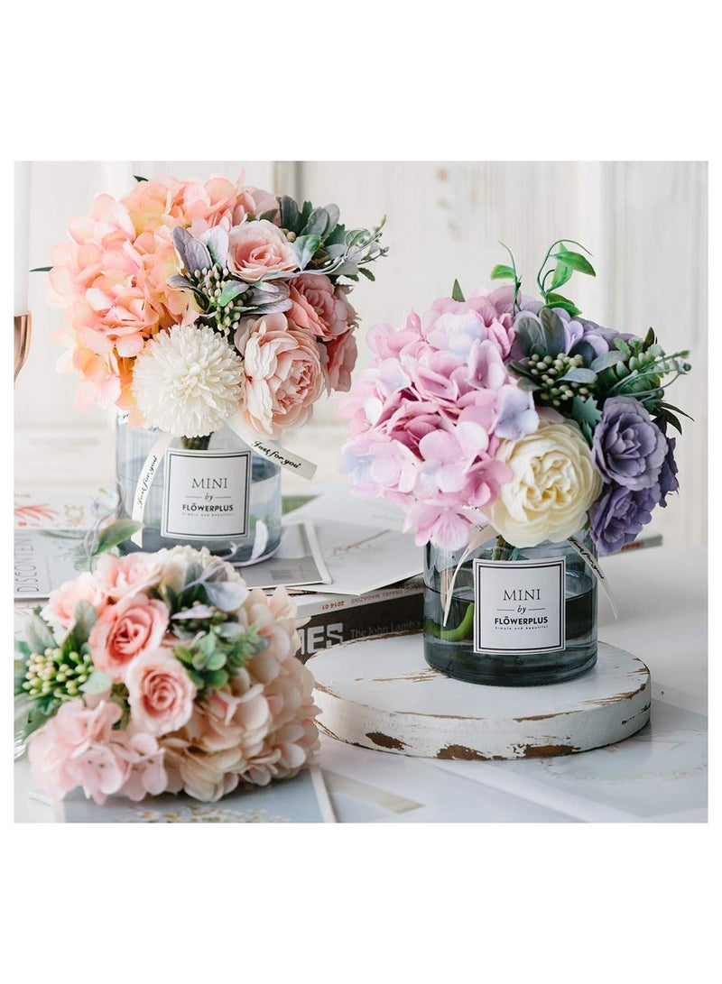 Artificial Flowers With Vases, Fake Flowers Rose Bouquet Table Decoration, Hydrangea Artificial Flower Table Wedding Party Family Bedroom Living Room Table Decoration