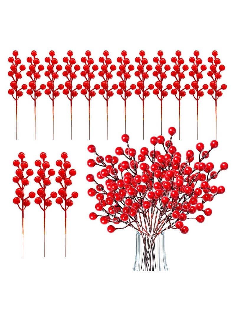 30 Pcs Red Artificial Berry Stems, Red Berry Picks, 8 inch Fake Berries Bunch for Tree Decoration, DIY Wreath, Garland or Tree, Great Ornaments to Any Decoration