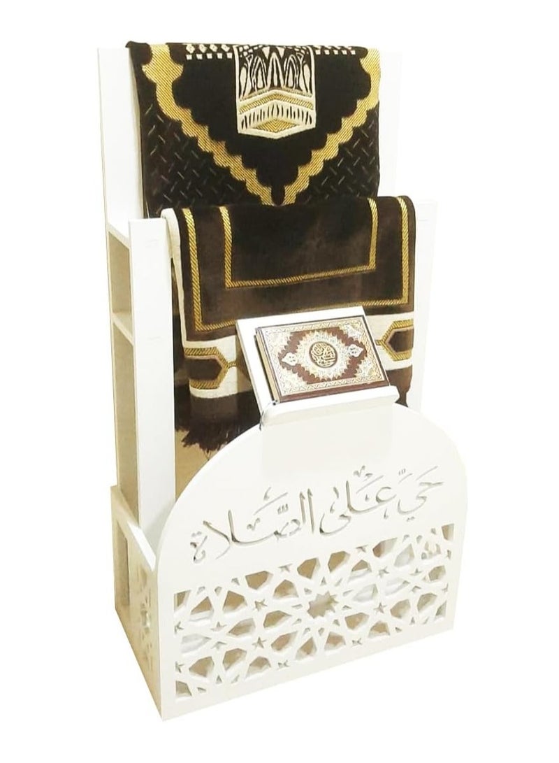 Elegant White Ramadan Prayer Mat and Quran Holder with Arabic Calligraphy for Home and Office Decor, Stylish, Space-Saving, Water and Fireproof Design with Lightweight Convenience
