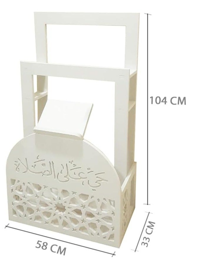 Elegant White Ramadan Prayer Mat and Quran Holder with Arabic Calligraphy for Home and Office Decor, Stylish, Space-Saving, Water and Fireproof Design with Lightweight Convenience