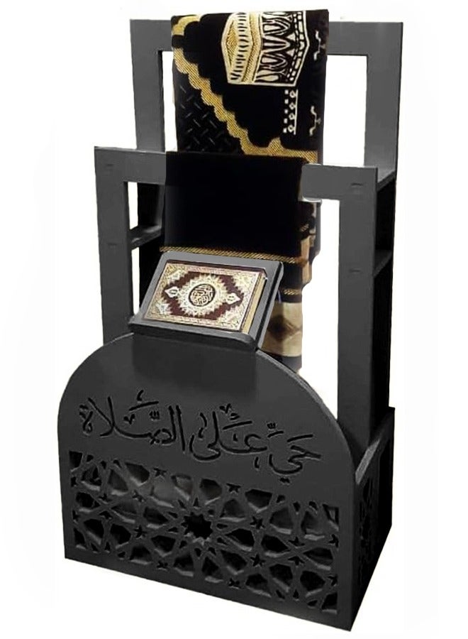 Elegant Black Ramadan Prayer Mat and Quran Holder with Arabic Calligraphy for Home and Office Decor, Stylish, Space-Saving, Water and Fireproof Design with Lightweight Convenience