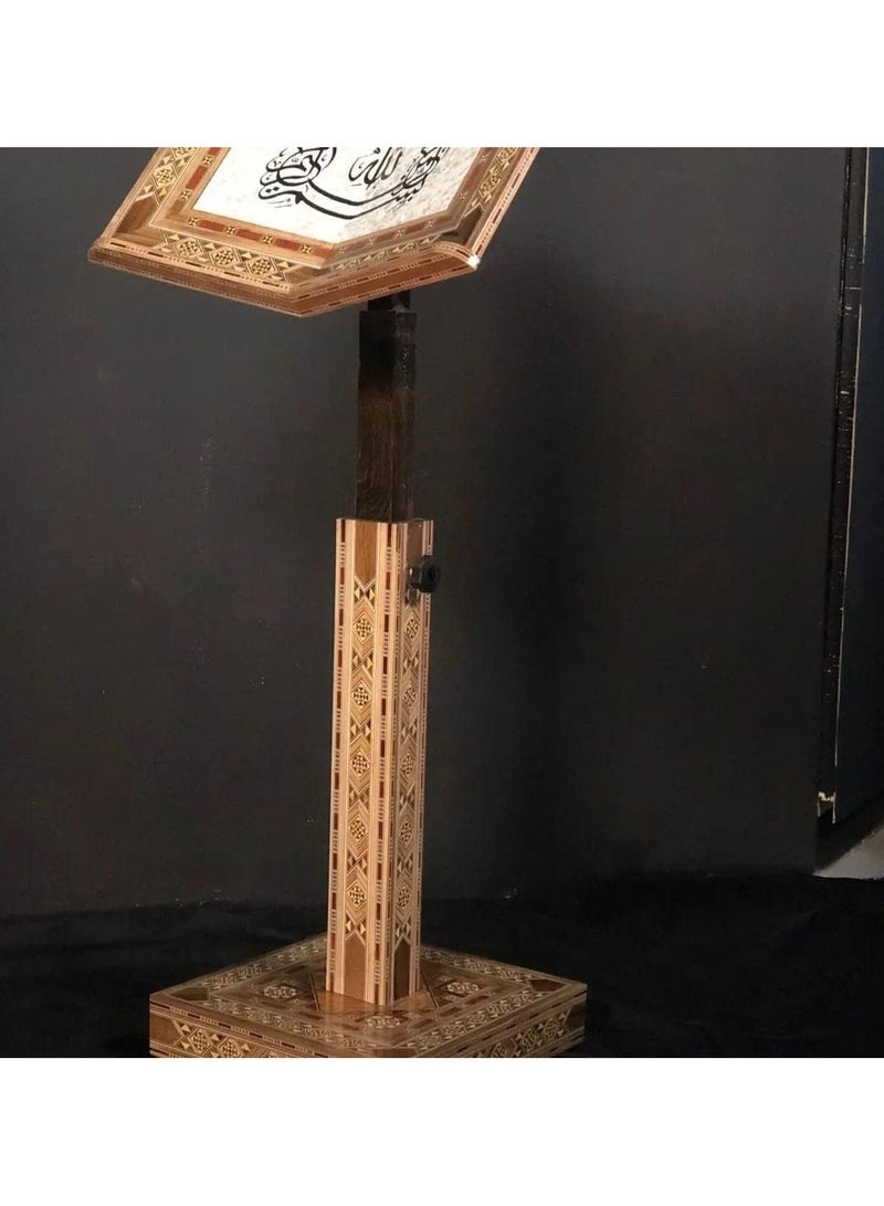 The Jawaami Qur’an holder is made of Damascene mosaic wood