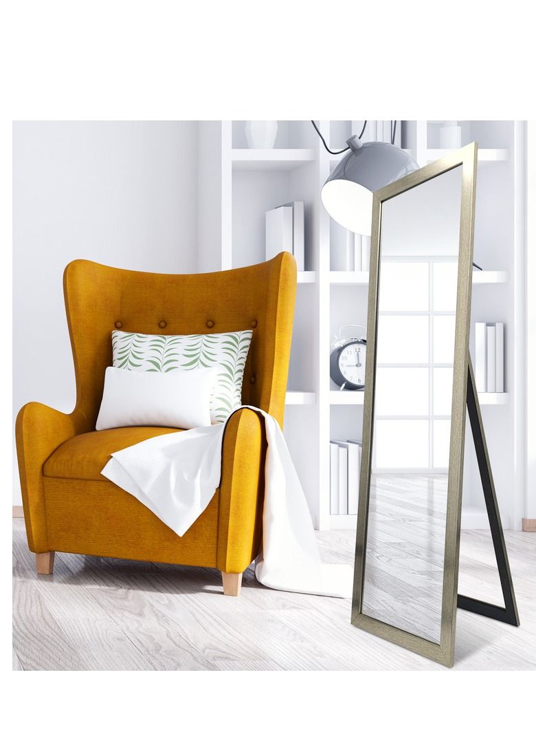 Full Length Stand Mirror Large Rectangle for Bedroom and Floor PVC Thin Frame Silver Outer Size 48x148 cm