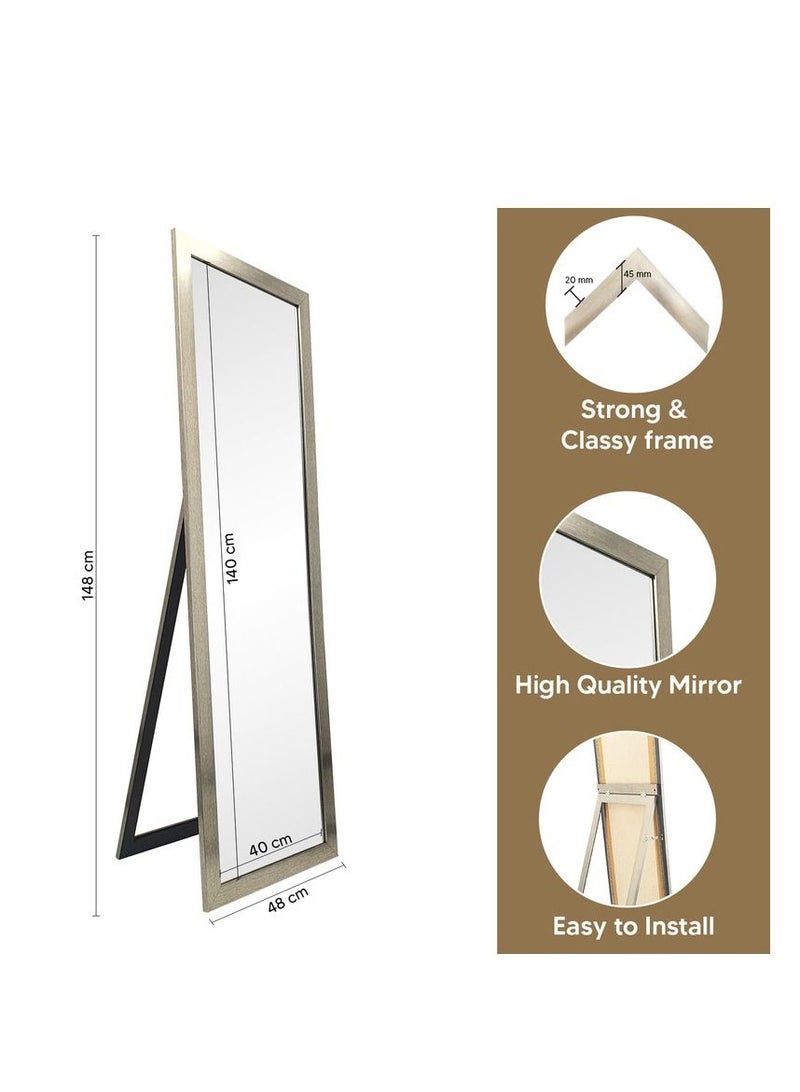 Full Length Stand Mirror Large Rectangle for Bedroom and Floor PVC Thin Frame Silver Outer Size 48x148 cm