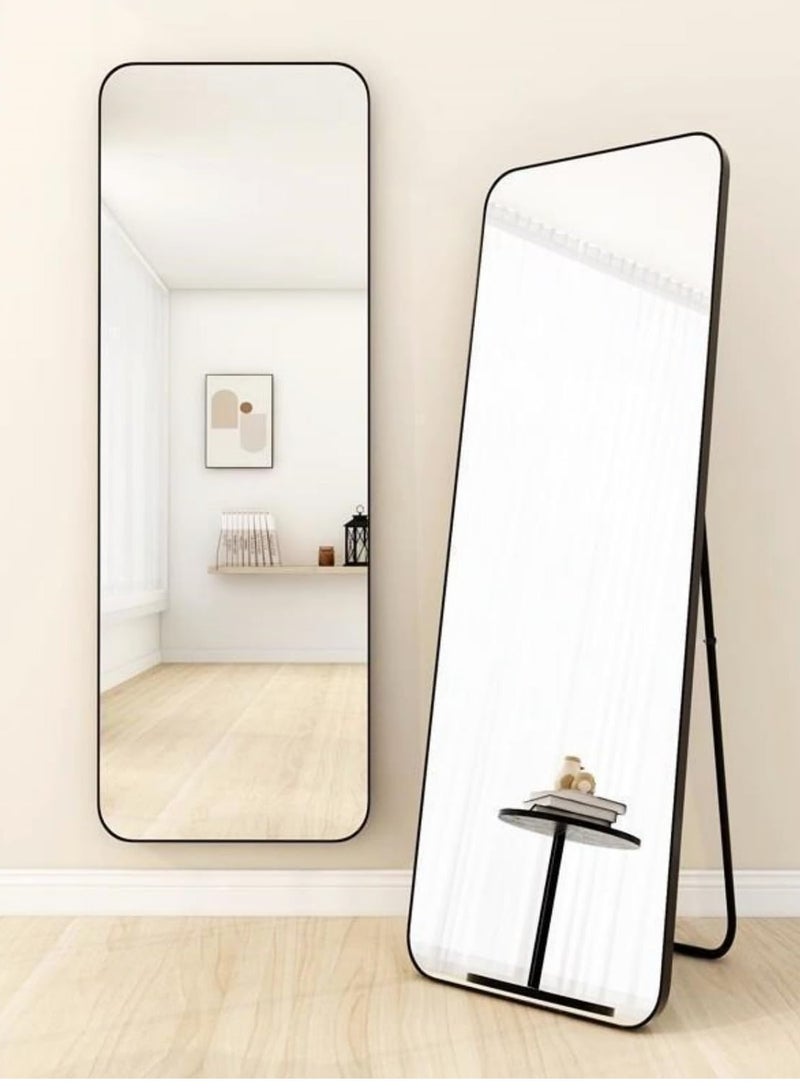 Full Length Mirror Arched Aluminum alloy Large Standing Dressing Mirror Hanging Leaning Against Wall Mounted Mirror with Stand for Bedroom Locker Room Living Room Glass Black 155x45cm