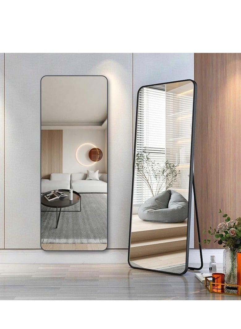 Full Length Mirror Arched Aluminum alloy Large Standing Dressing Mirror Hanging Leaning Against Wall Mounted Mirror with Stand for Bedroom Locker Room Living Room Glass Black 155x45cm