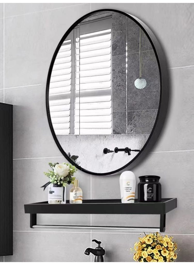 Aluminum Bathroom Mirror Toilet Wall Hanging Mirror Toilet Mirror, Style Round Mirror (70cm, Black)