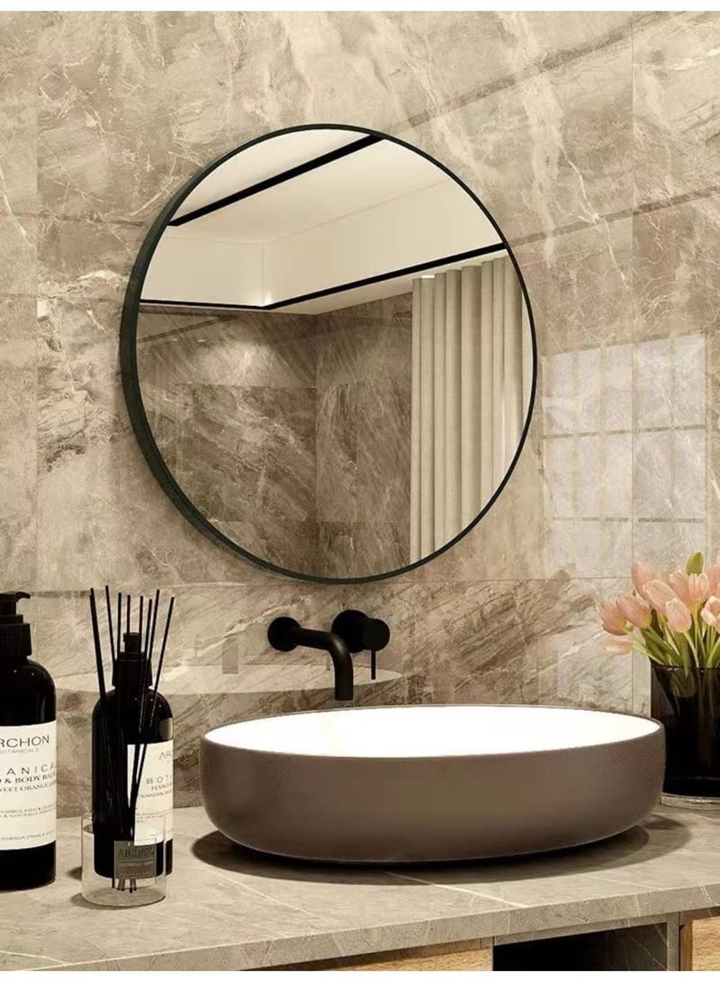 Aluminum Bathroom Mirror Toilet Wall Hanging Mirror Toilet Mirror, Style Round Mirror (70cm, Black)