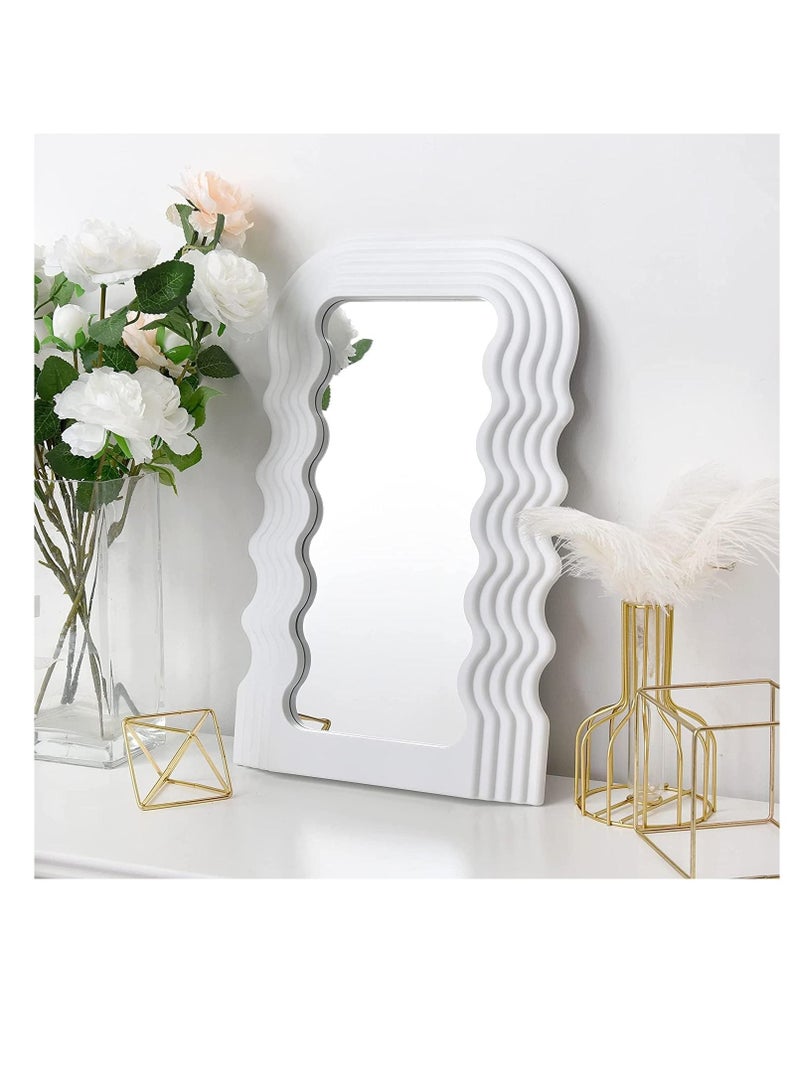 Aesthetic Wave Pattern Irregular Frame Mirror, Decorative Desk Wall Mirror for Living Room Bedroom Hallway Home Decor (White)