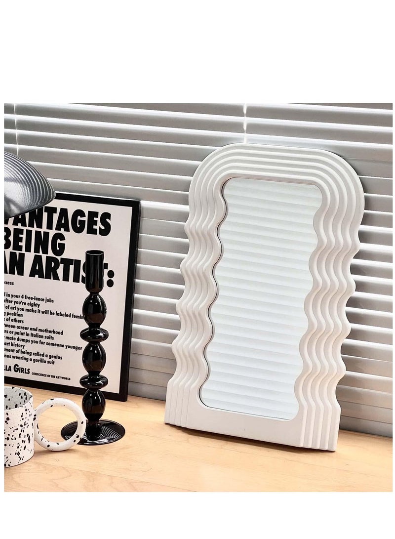 Aesthetic Wave Pattern Irregular Frame Mirror, Decorative Desk Wall Mirror for Living Room Bedroom Hallway Home Decor (White)