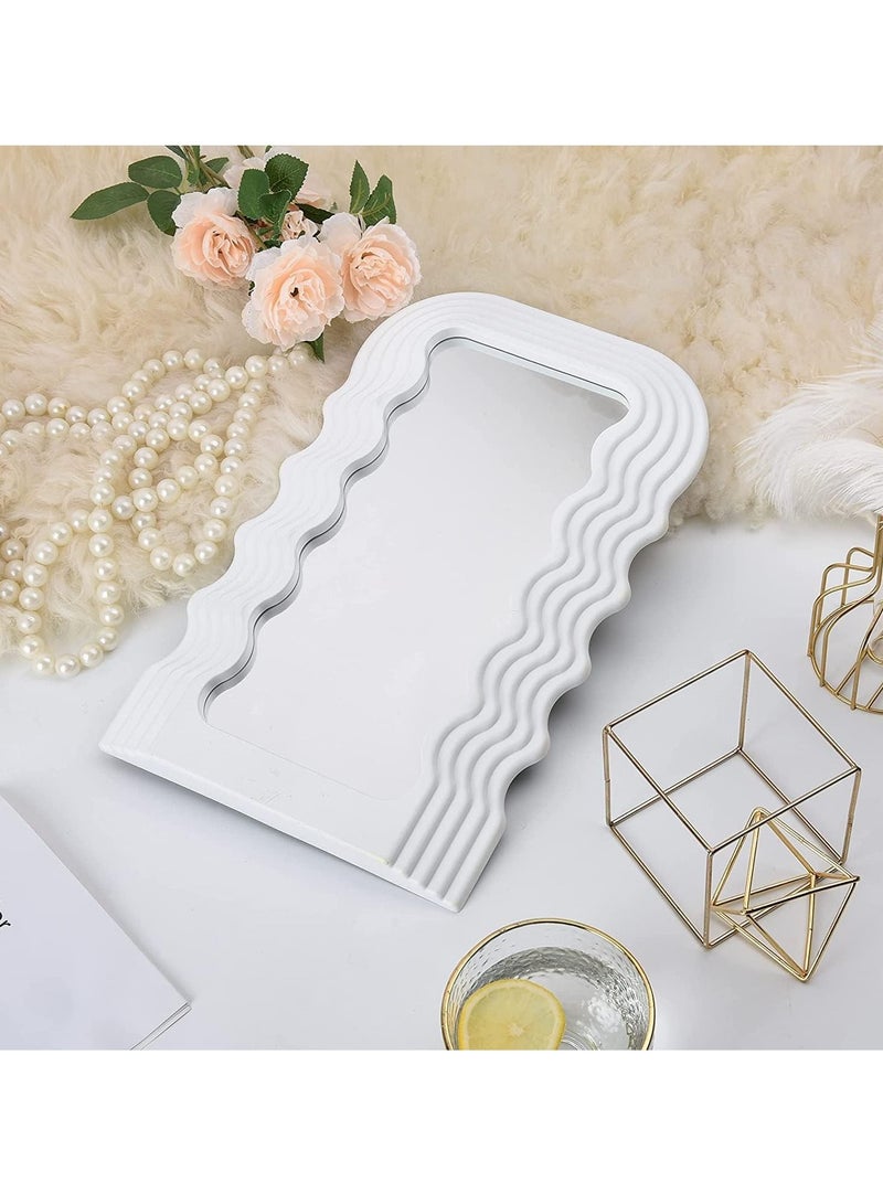 Aesthetic Wave Pattern Irregular Frame Mirror, Decorative Desk Wall Mirror for Living Room Bedroom Hallway Home Decor (White)