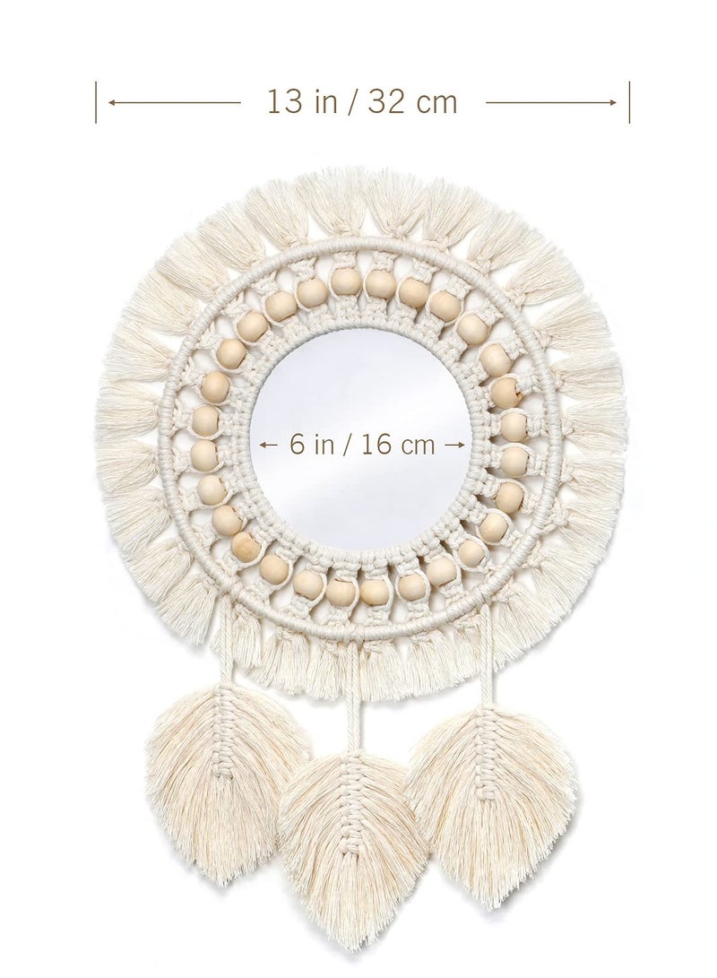 Hanging Wall Mirror, Boho Macrame Fringe Round Decorative Mirror with Wood Beads Feather Pendant, Art Ornament for Apartment Home Bedroom Living Room Decoration and Gift (Ivory)