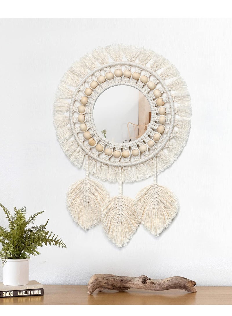 Hanging Wall Mirror, Boho Macrame Fringe Round Decorative Mirror with Wood Beads Feather Pendant, Art Ornament for Apartment Home Bedroom Living Room Decoration and Gift (Ivory)