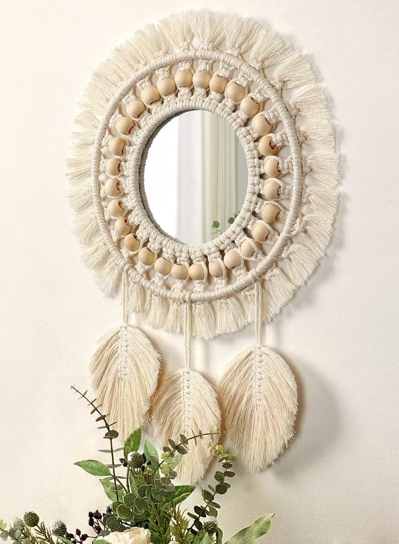 Hanging Wall Mirror, Boho Macrame Fringe Round Decorative Mirror with Wood Beads Feather Pendant, Art Ornament for Apartment Home Bedroom Living Room Decoration and Gift (Ivory)