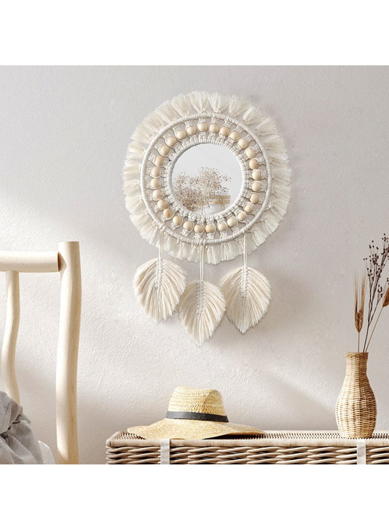 Hanging Wall Mirror, Boho Macrame Fringe Round Decorative Mirror with Wood Beads Feather Pendant, Art Ornament for Apartment Home Bedroom Living Room Decoration and Gift (Ivory)