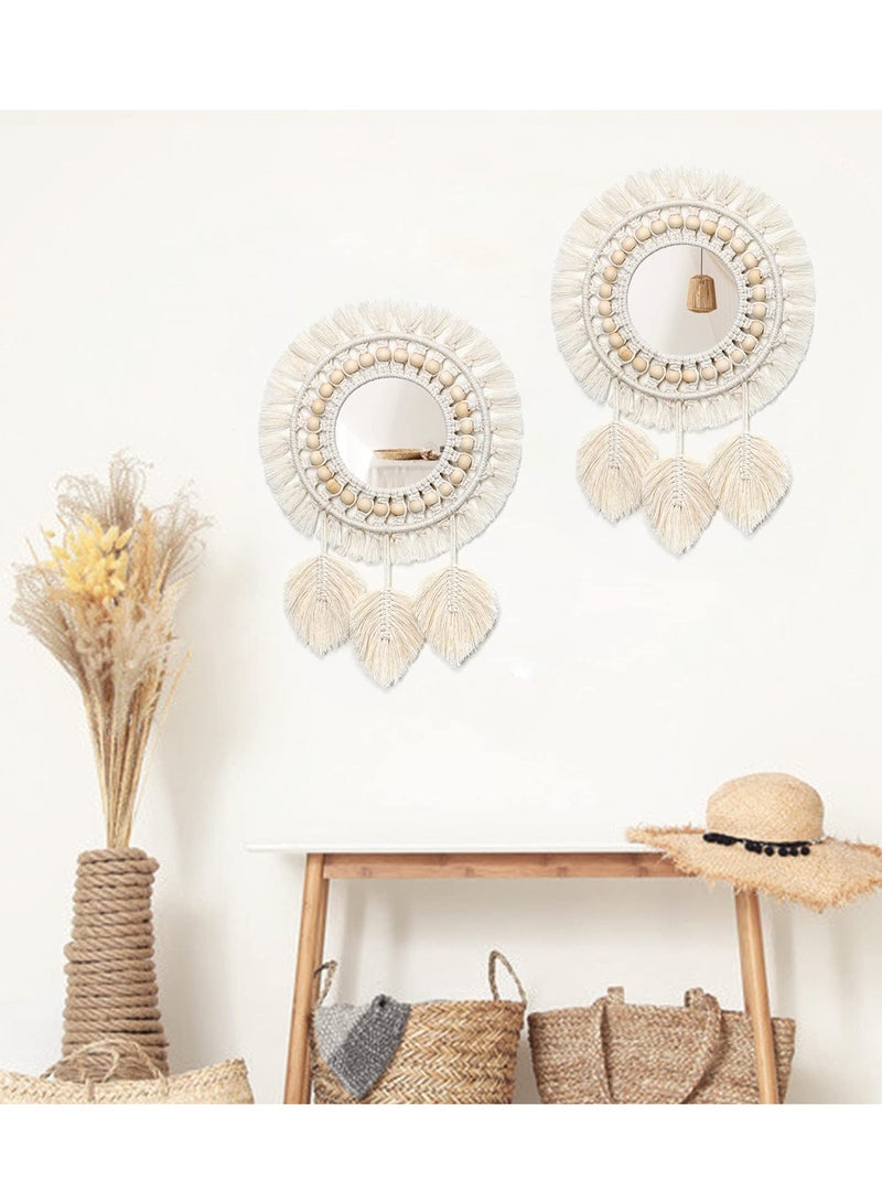 Hanging Wall Mirror, Boho Macrame Fringe Round Decorative Mirror with Wood Beads Feather Pendant, Art Ornament for Apartment Home Bedroom Living Room Decoration and Gift (Ivory)