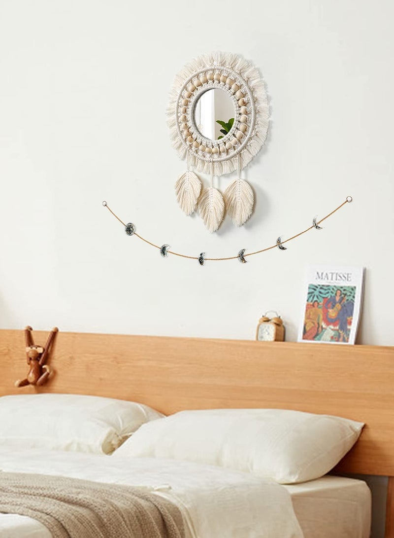 Hanging Wall Mirror, Boho Macrame Fringe Round Decorative Mirror with Wood Beads Feather Pendant, Art Ornament for Apartment Home Bedroom Living Room Decoration and Gift (Ivory)