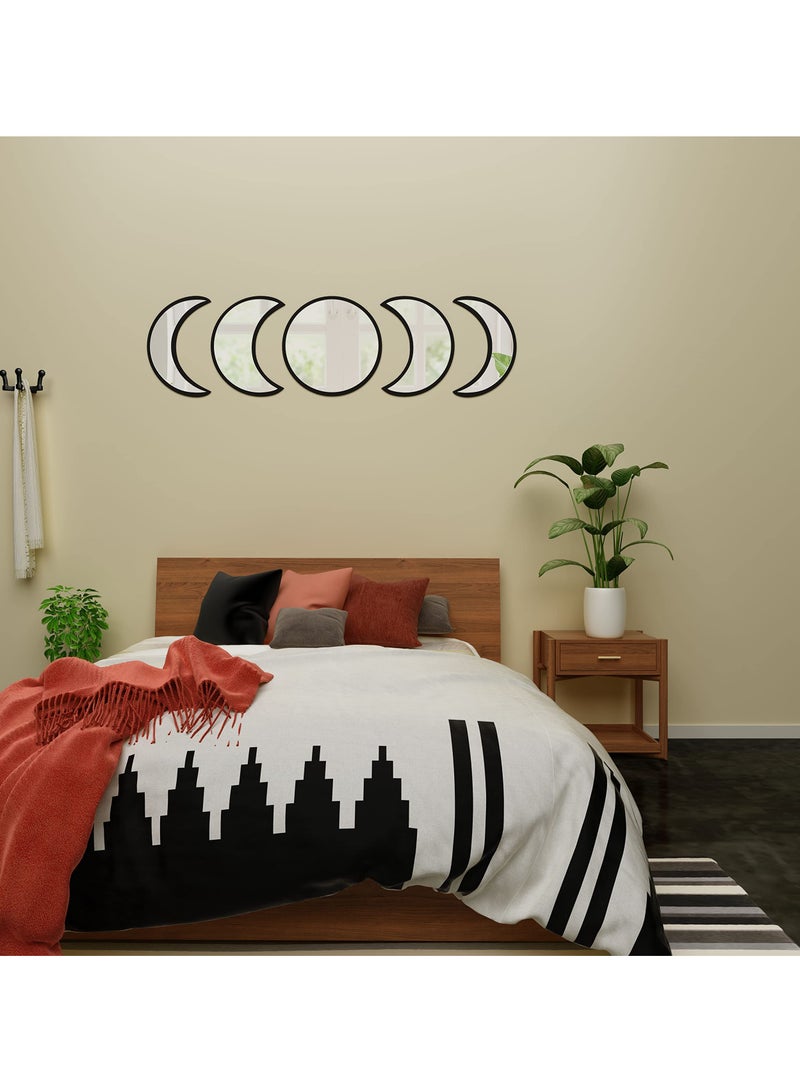 Moon Round Shape Mirror Set, 5 Piece Plastic Boho Mirrors Wall Decor, Glass Moon Phase Mirror, Northern Europe Style Decoration for Home Bedroom, Living Room