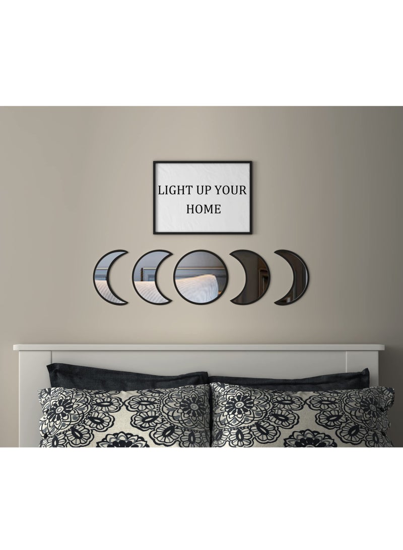 Moon Round Shape Mirror Set, 5 Piece Plastic Boho Mirrors Wall Decor, Glass Moon Phase Mirror, Northern Europe Style Decoration for Home Bedroom, Living Room