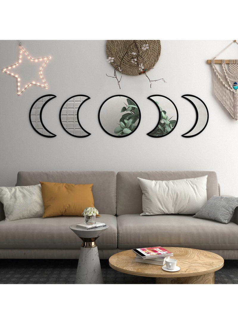 Moon Round Shape Mirror Set, 5 Piece Plastic Boho Mirrors Wall Decor, Glass Moon Phase Mirror, Northern Europe Style Decoration for Home Bedroom, Living Room