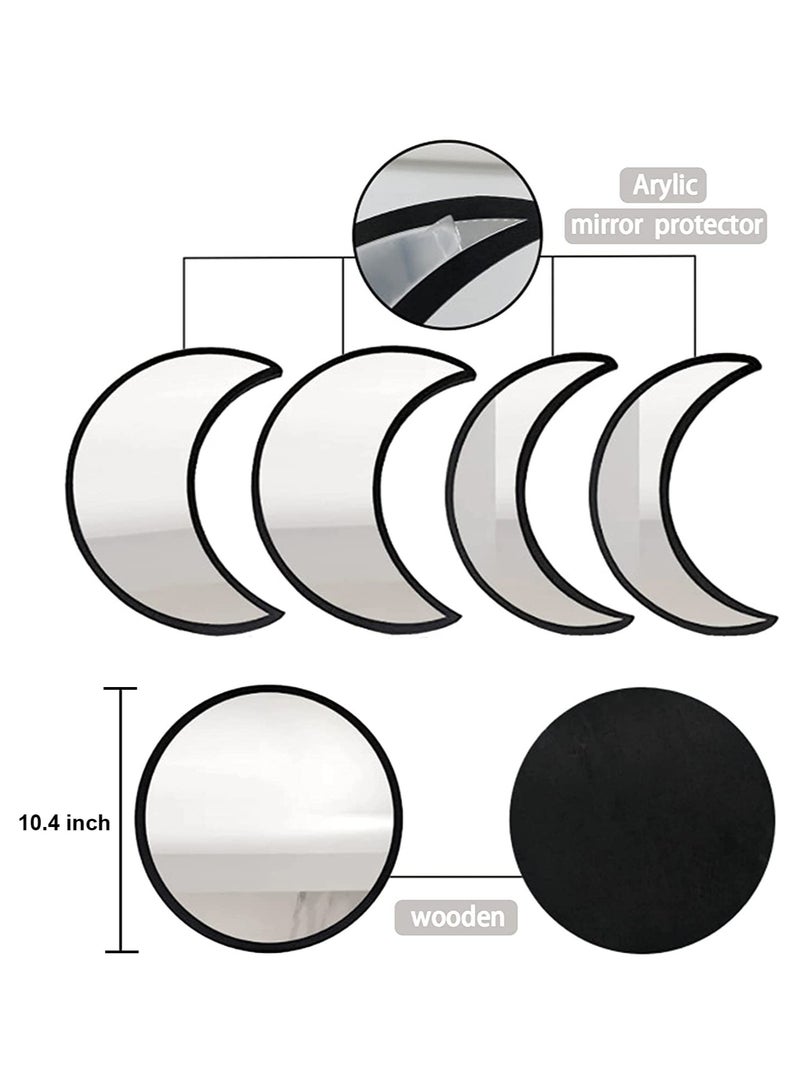 Moon Round Shape Mirror Set, 5 Piece Plastic Boho Mirrors Wall Decor, Glass Moon Phase Mirror, Northern Europe Style Decoration for Home Bedroom, Living Room